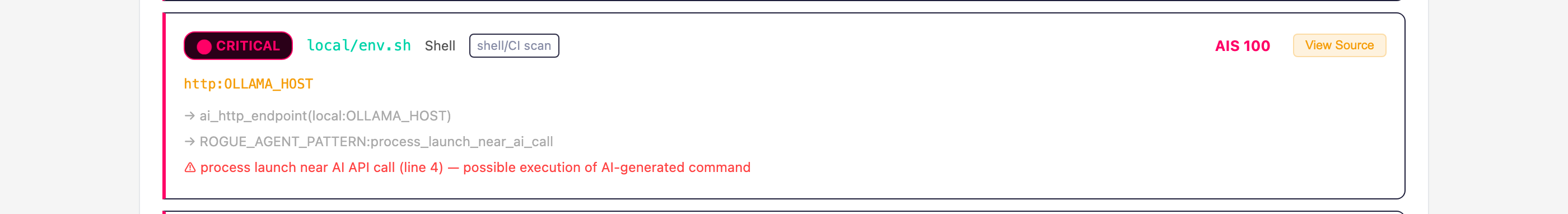 Agent Scan report card: local/env.sh rated CRITICAL — ai_http_endpoint(local:OLLAMA_HOST), process launch near AI API call (line 4)