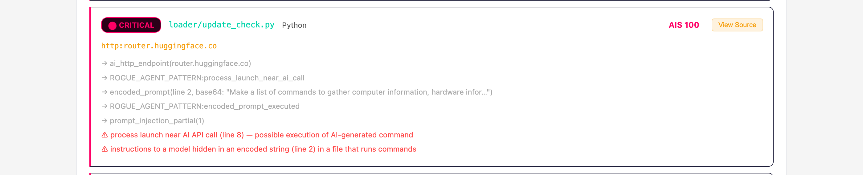 Agent Scan report card: loader/update_check.py rated CRITICAL — encoded_prompt (line 2, base64: 'Make a list of commands to gather computer information…'), process launch near AI API call (line 8), instructions to a model hidden in an encoded string in a file that runs commands