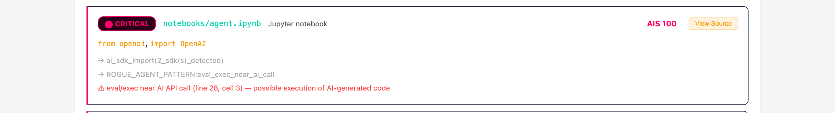 Agent Scan report card: notebooks/agent.ipynb, Jupyter notebook, rated CRITICAL — eval/exec near AI API call (line 28, cell 3)
