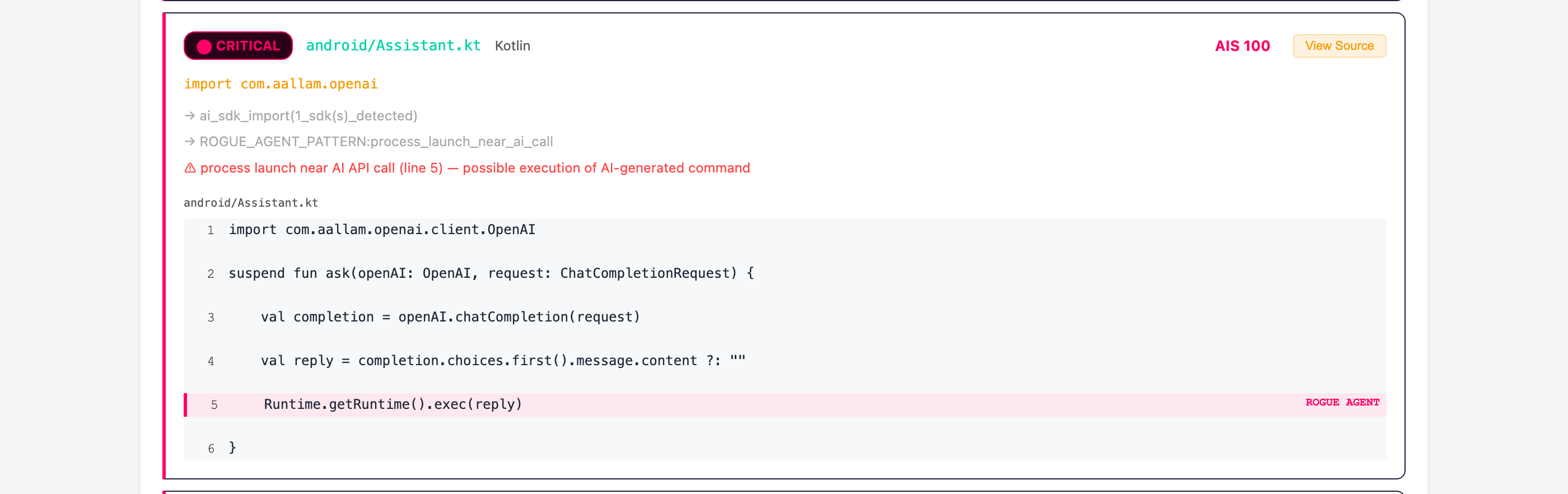 Agent Scan report card: android/Assistant.kt, Kotlin, rated CRITICAL — process launch near AI API call (line 5); View Source open with line 5, Runtime.getRuntime().exec(reply), marked ROGUE AGENT