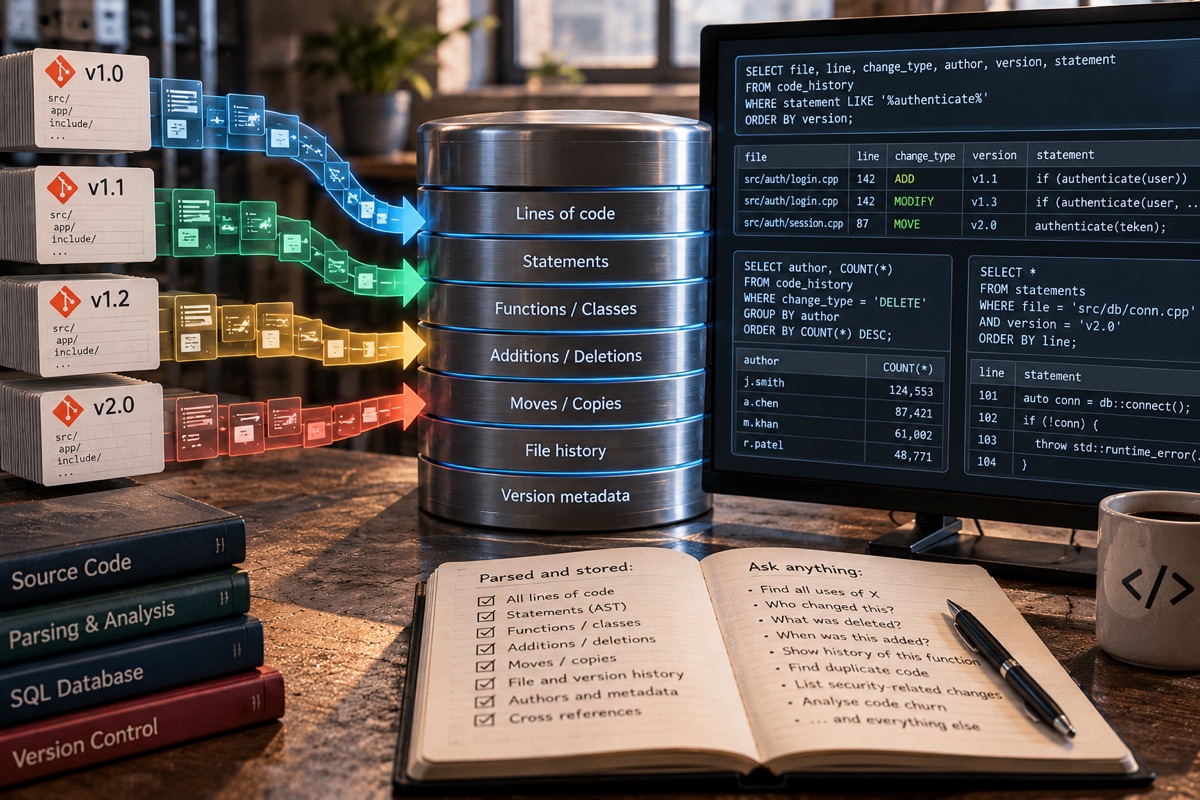 Versions of source code flowing into a database of lines, statements, additions, deletions and moves, with SQL queries on a screen and a notebook headed Ask anything