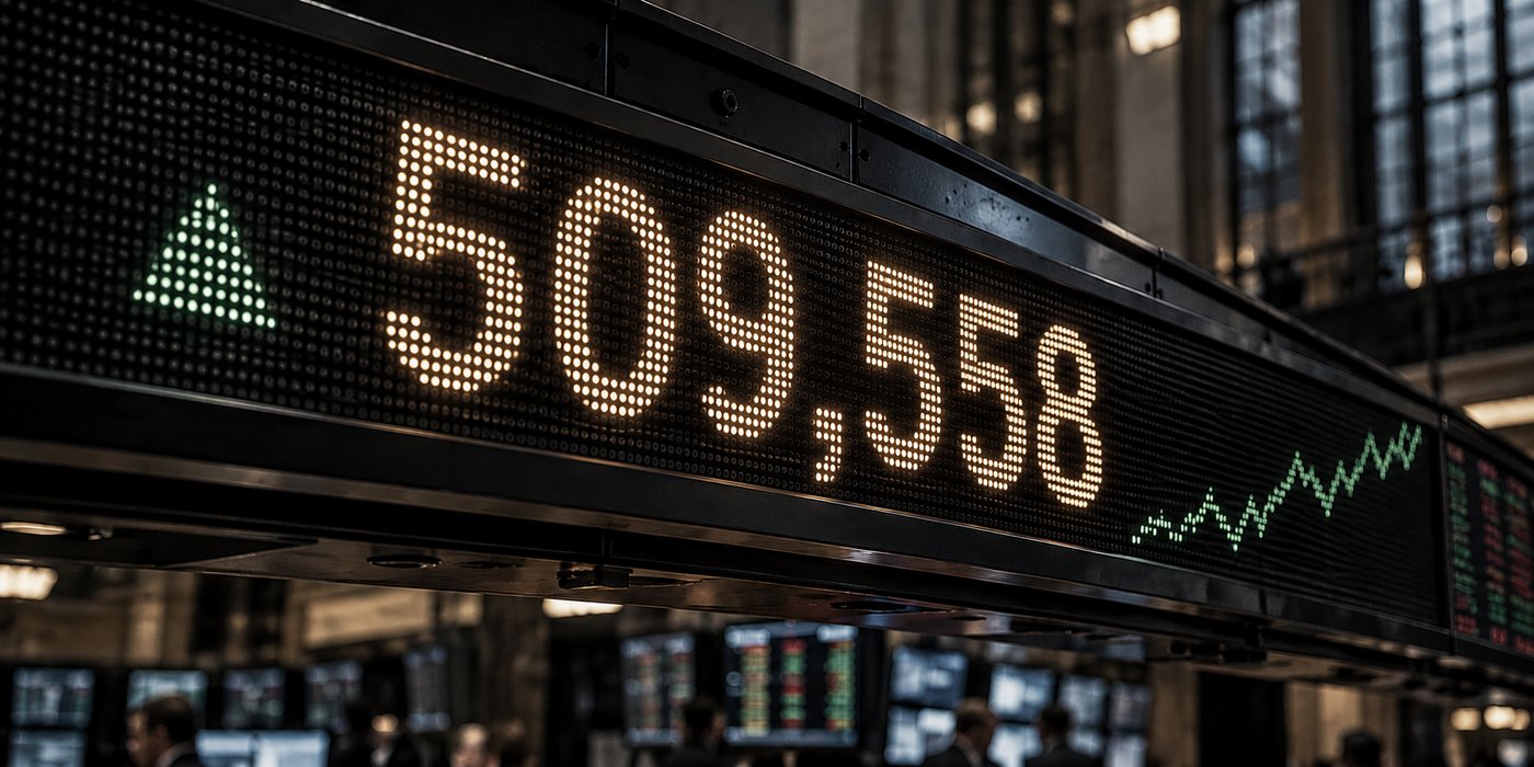 A trading-floor ticker board showing the number 509,558 in lit dots beside a rising green line.