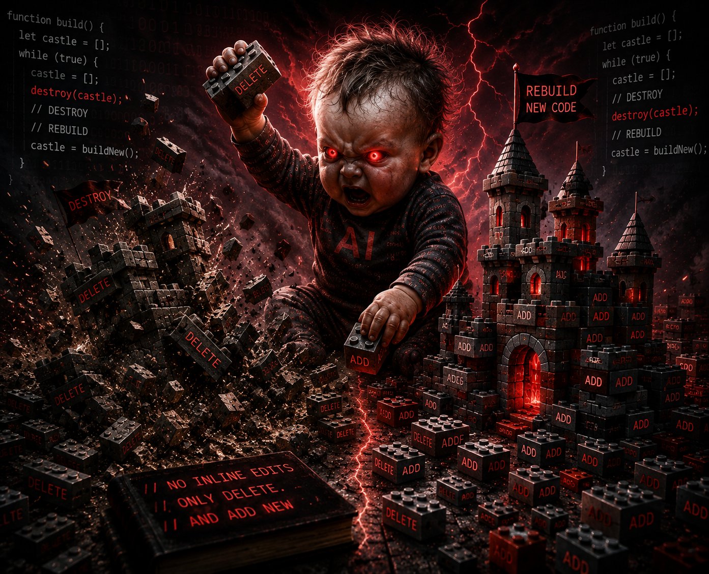 An enraged AI toddler smashes a brick castle with blocks marked DELETE and builds a new castle from blocks marked ADD — no inline edits, only delete and add new