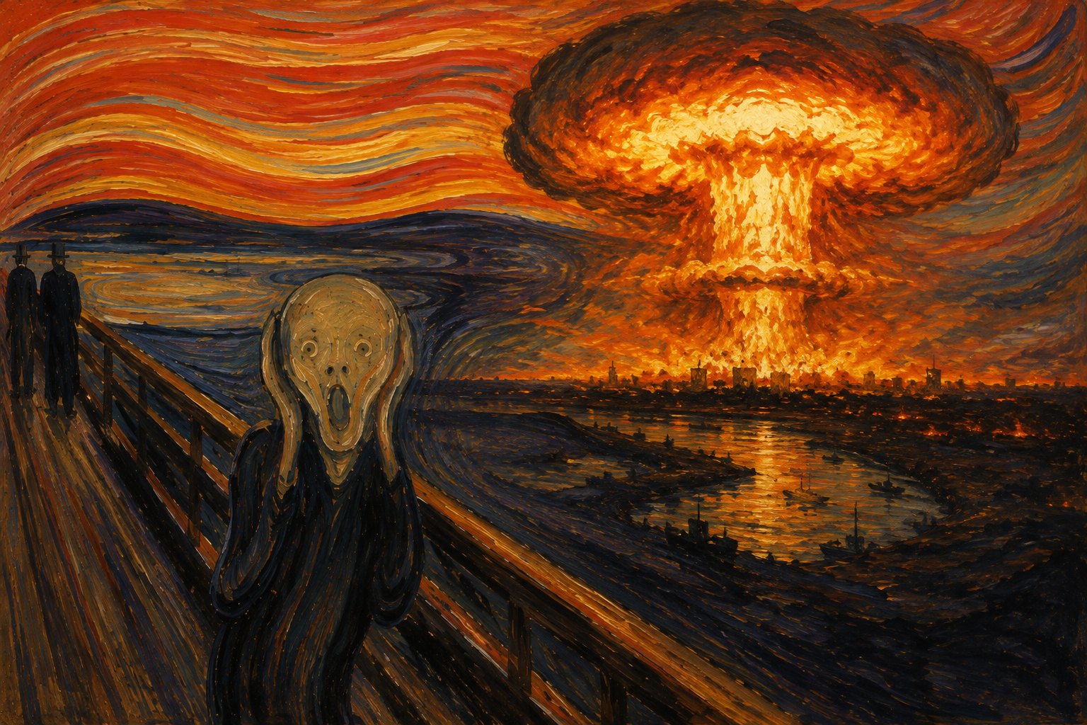 The Scream watching a mushroom cloud rise over the fjord — the test and the disaster as one event