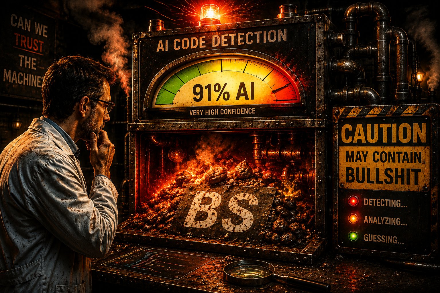 A furnace-like machine labelled AI CODE DETECTION reads 91% AI, VERY HIGH CONFIDENCE above a burning pile marked BS; a caution sign reads MAY CONTAIN BULLSHIT and status lights step through DETECTING, ANALYZING, GUESSING