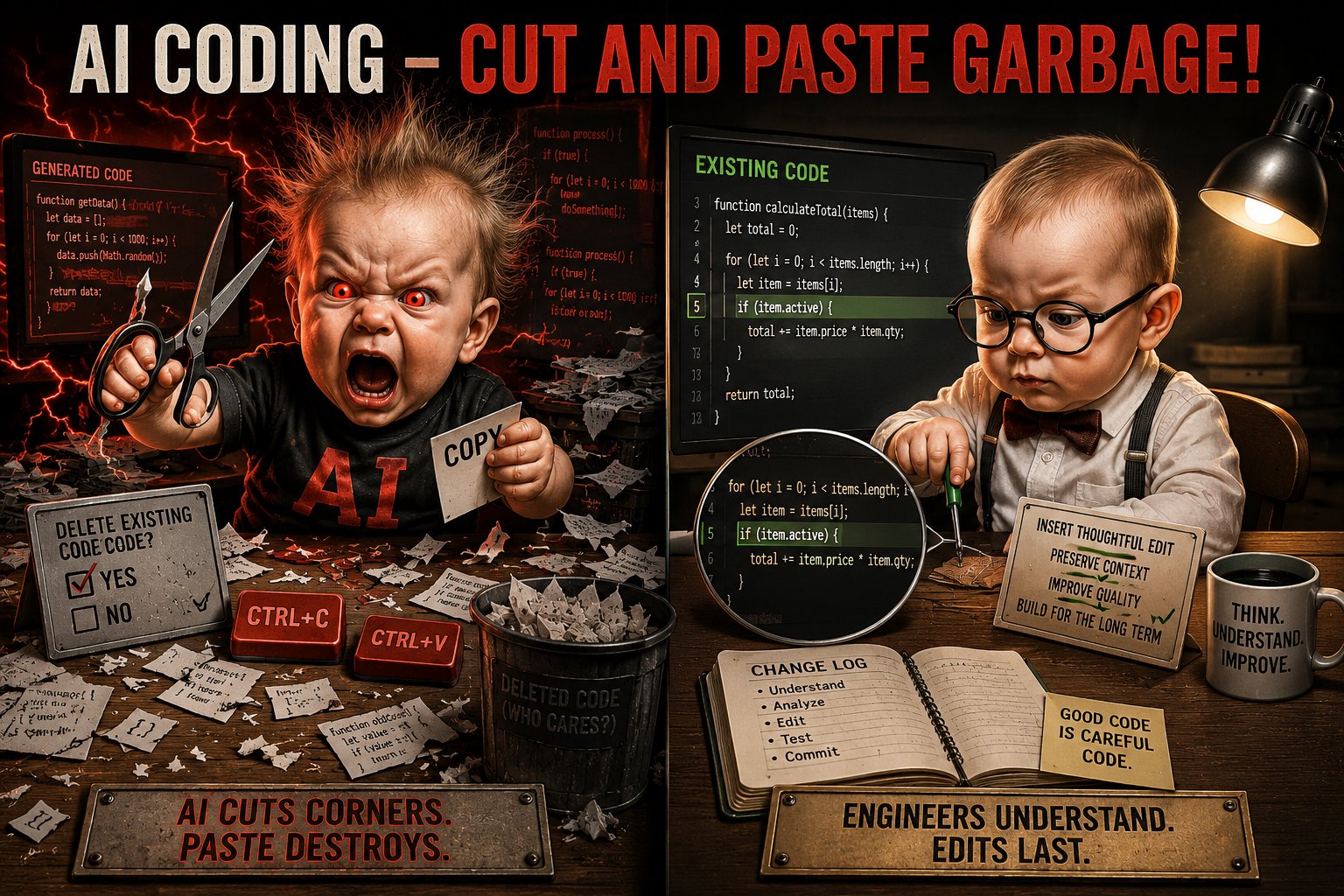 AI coding - cut and paste garbage! A feral AI baby with scissors and CTRL+C CTRL+V keys shreds code, beside a careful engineer baby making one thoughtful inline edit - AI cuts corners, engineers understand, edits last