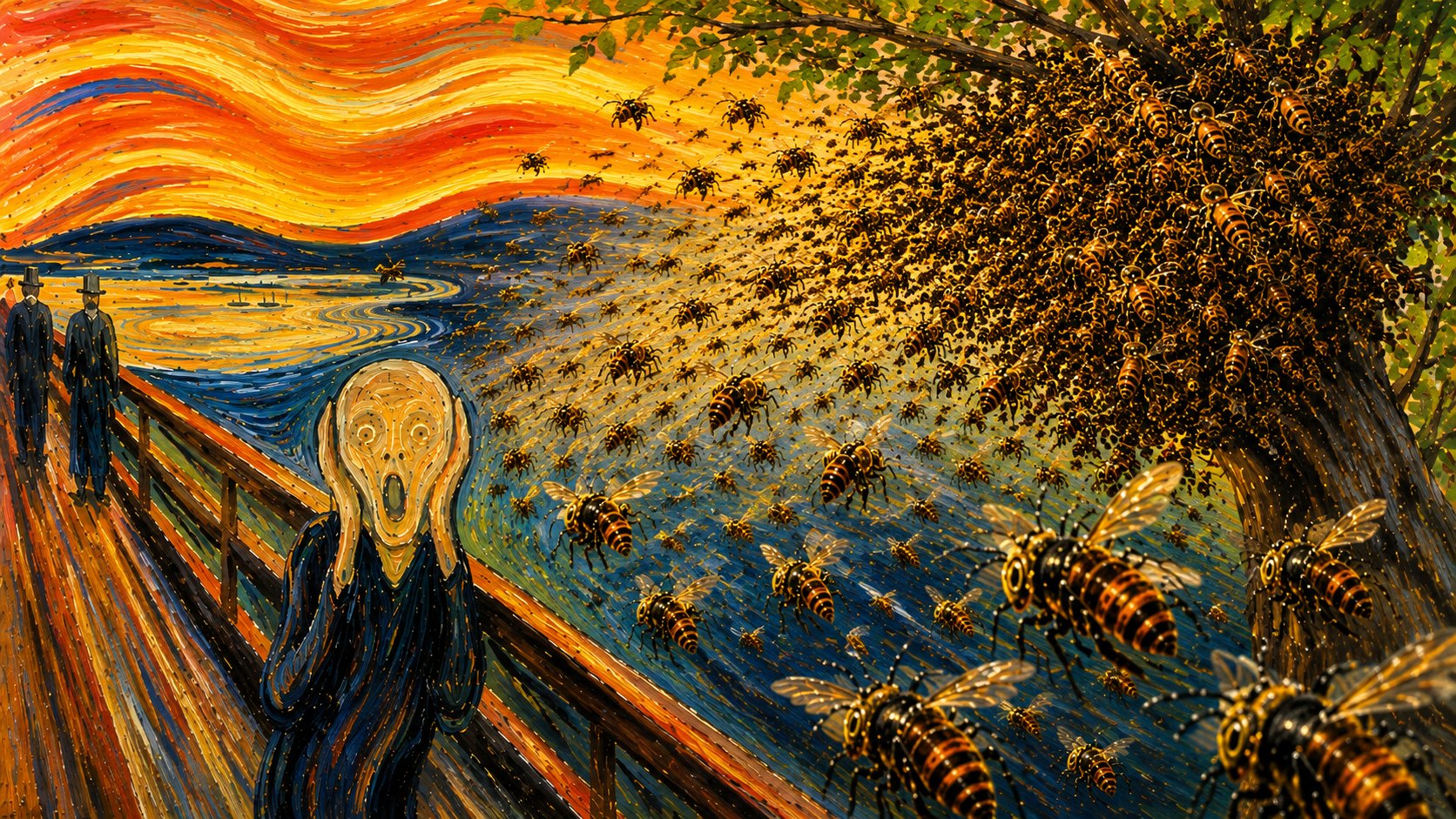 The Scream, engulfed by a swarm of hornets pouring from a nest in the tree behind