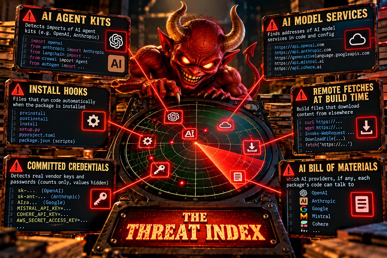 The Threat Index: a grinning red demon over a radar screen, ringed by the six things the index looks for &mdash; AI agent kits, AI model services, install hooks, remote fetches at build time, committed credentials and the AI bill of materials