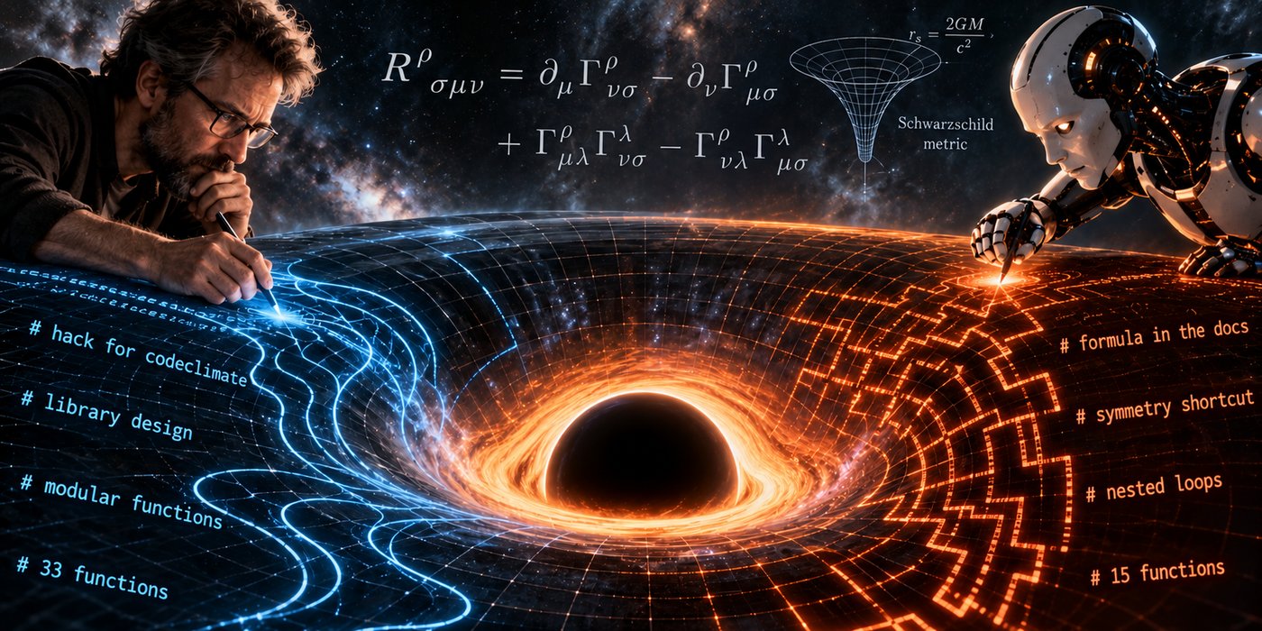 A human programmer and a robot each draw code onto the curved fabric of space-time around a black hole, beneath the Riemann curvature equation and the Schwarzschild radius r = 2GM/c squared. Human labels: hack for codeclimate, library design, modular functions, 33 functions. AI labels: formula in the docs, symmetry shortcut, nested loops, 15 functions.