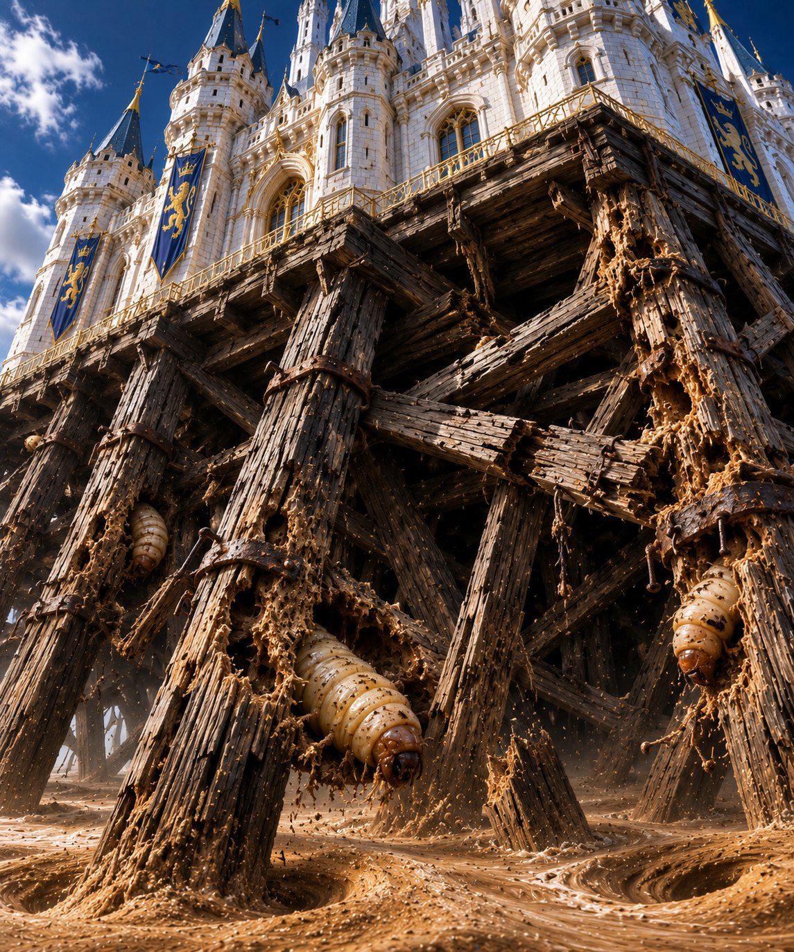 Beautiful apps, rotten foundations: a gleaming white castle with blue spires and gold rails stands on a scaffold of rotting timber, the beams bound with rusted iron and eaten through by fat pale grubs, the ground beneath churned to mud