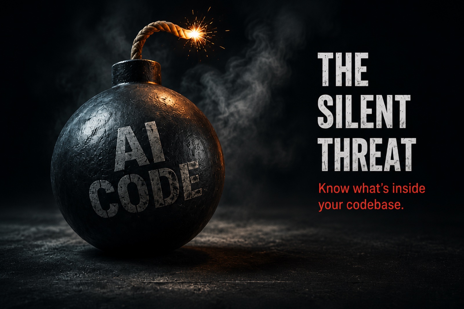 A bomb stencilled 'AI CODE' with a lit fuse — the silent threat.