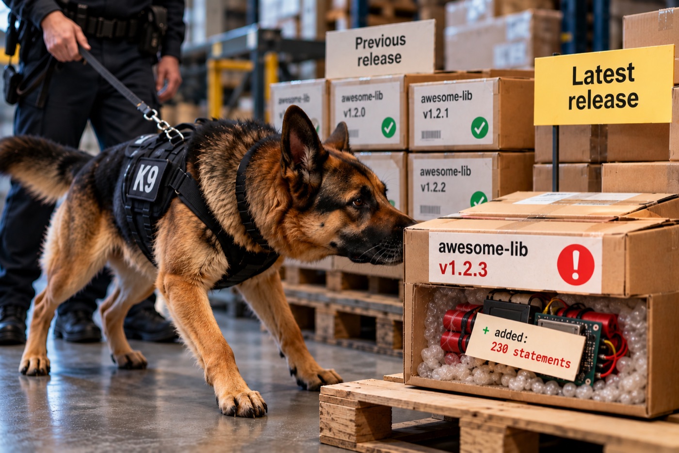 A police sniffer dog in a warehouse walks past boxes of earlier releases of a software library, each marked with a green tick, and noses the latest release, labelled awesome-lib v1.2.3 with a red warning mark; the open box holds a device and a tag reading: added: 230 statements