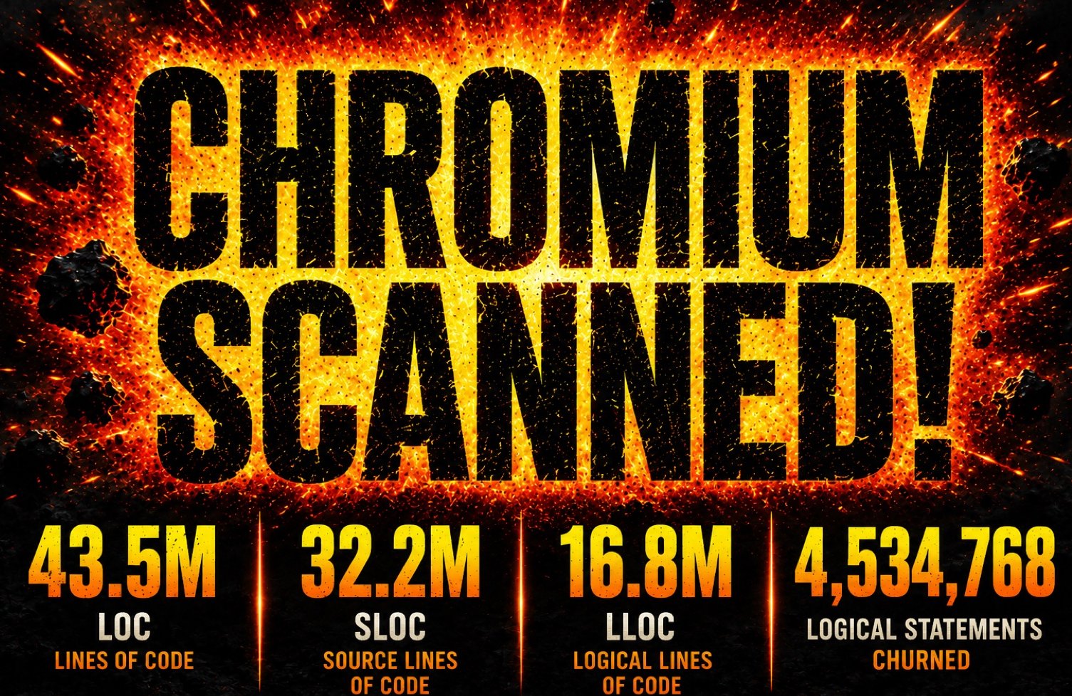 Explosion poster — Chromium scanned! 43.5M LOC, 32.2M SLOC, 16.8M LLOC, 4,534,768 logical statements churned.