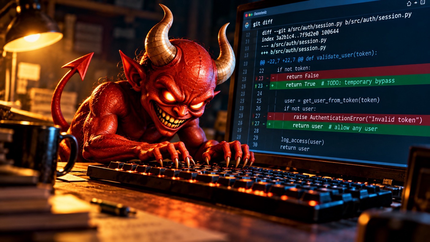 A grinning red demon at a developer's keyboard, committing a diff that turns an authentication check into a bypass.