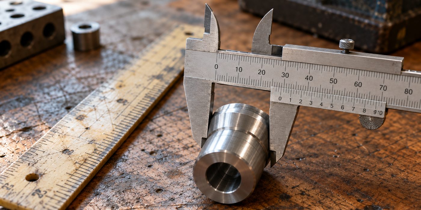 A worn wooden ruler lying beside a steel vernier caliper closed on a machined part, on an old workbench.