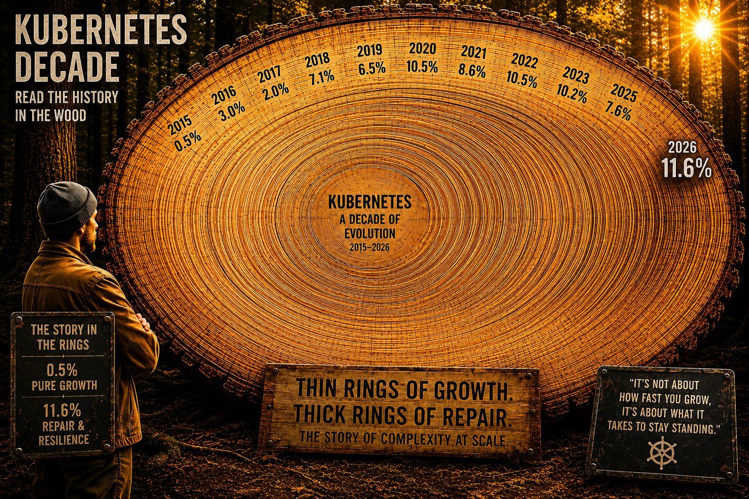 A giant tree-trunk cross-section labelled Kubernetes Decade 2015-2026, yearly REWORK percentages marked on the rings from 0.5% to 11.6% — thin rings of growth, thick rings of repair