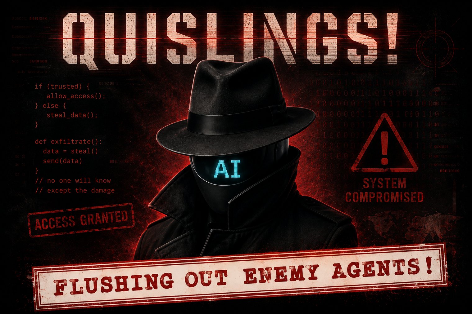 QUISLINGS! Flushing out enemy agents! A spy in fedora and trench coat, face a black visor reading AI, against red code and a SYSTEM COMPROMISED warning