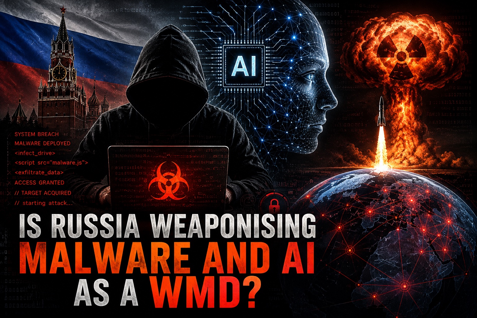 Is Russia weaponising malware and AI as a WMD? — cover art: a hooded hacker at a laptop before the Kremlin and a Russian flag, wired to a glowing AI circuit-face, with a missile launch and mushroom cloud over a networked globe