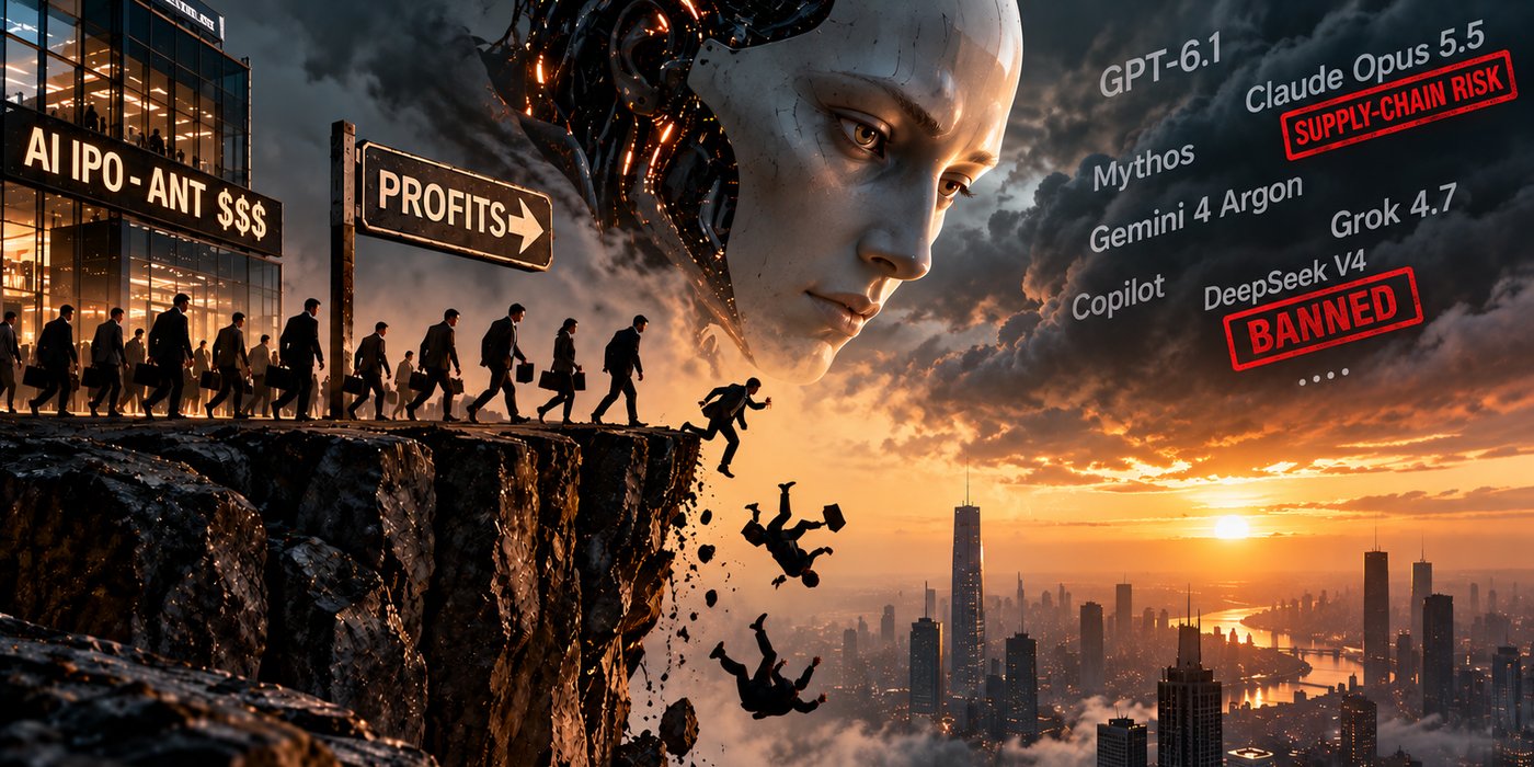 Office workers with briefcases file out of a glass tower signed AI IPO - ANT, past a sign reading PROFITS, and fall from a cliff edge, under a giant AI face and the names GPT-6.1, Claude Opus 5.5 stamped SUPPLY-CHAIN RISK, Mythos, Gemini 4 Argon, Grok 4.7, Copilot and DeepSeek V4 stamped BANNED.