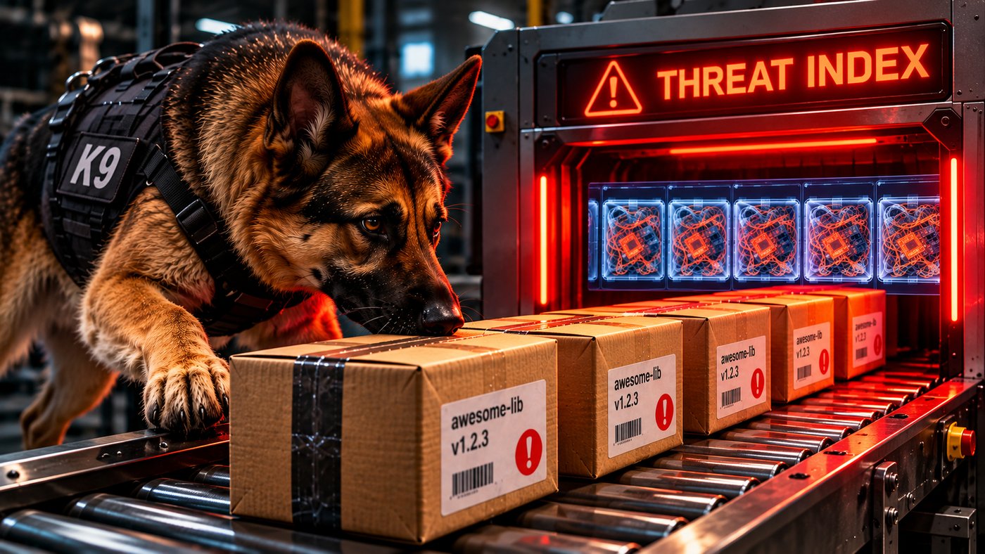 Threat Index — a K9 dog sniffs identical parcels on a scanner conveyor; the X-ray shows the same scrambled code inside each one.