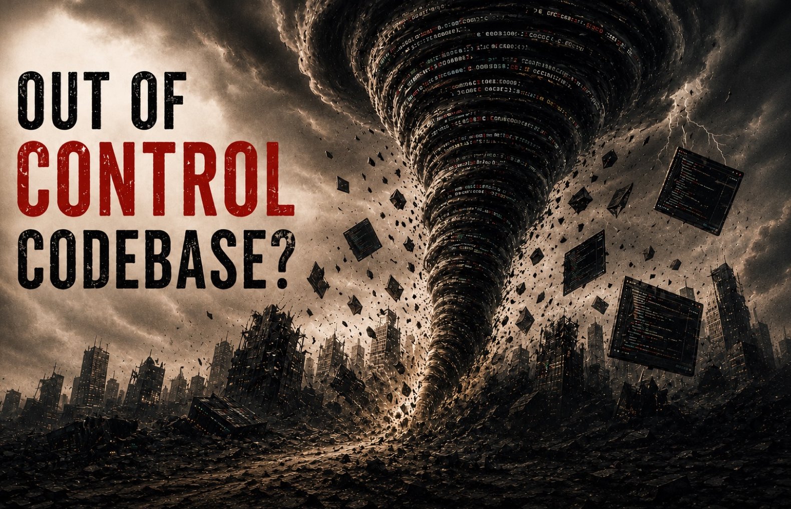 A tornado of source code tearing through a city — out of control codebase?