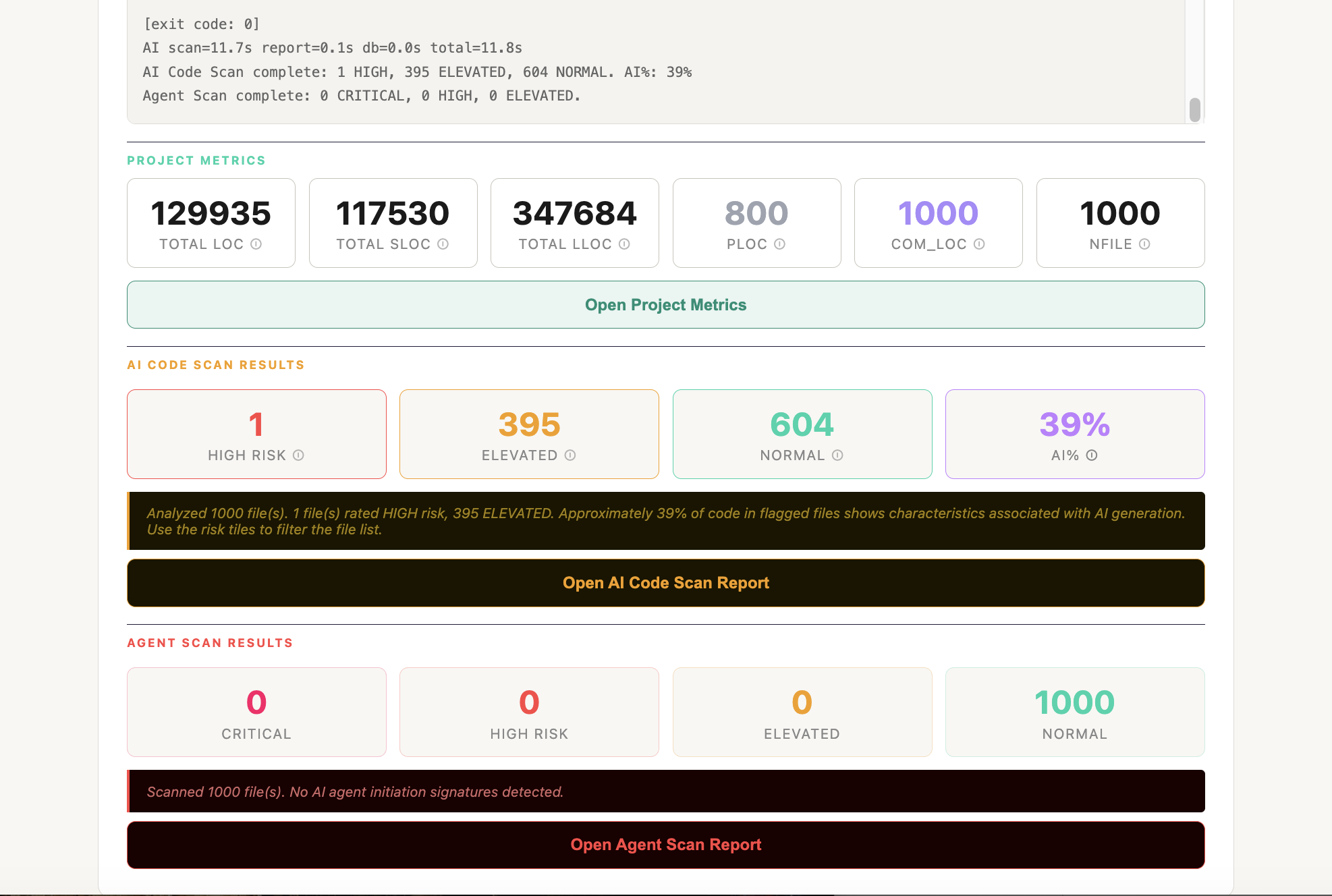 CodeDelta desktop app — agent scan results in the GUI