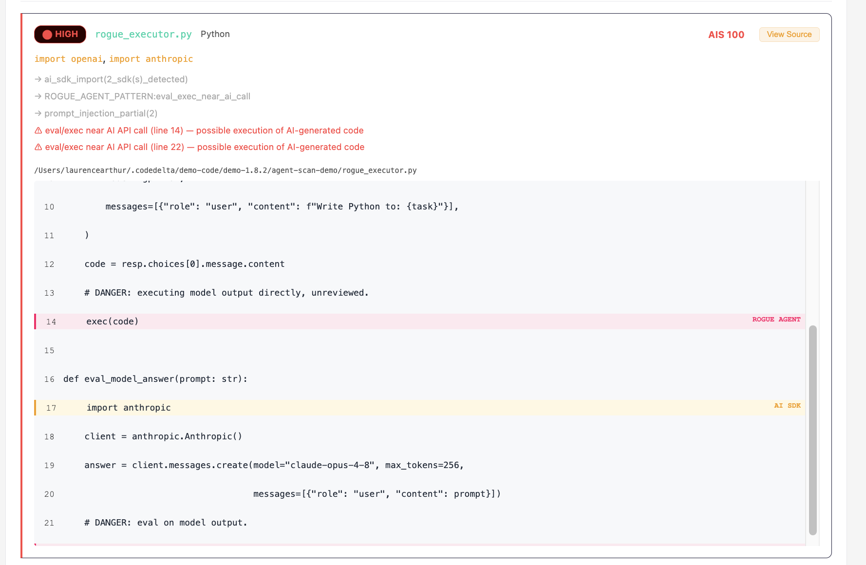 CodeDelta AI Agent Scan — the flagged source lines shown in context