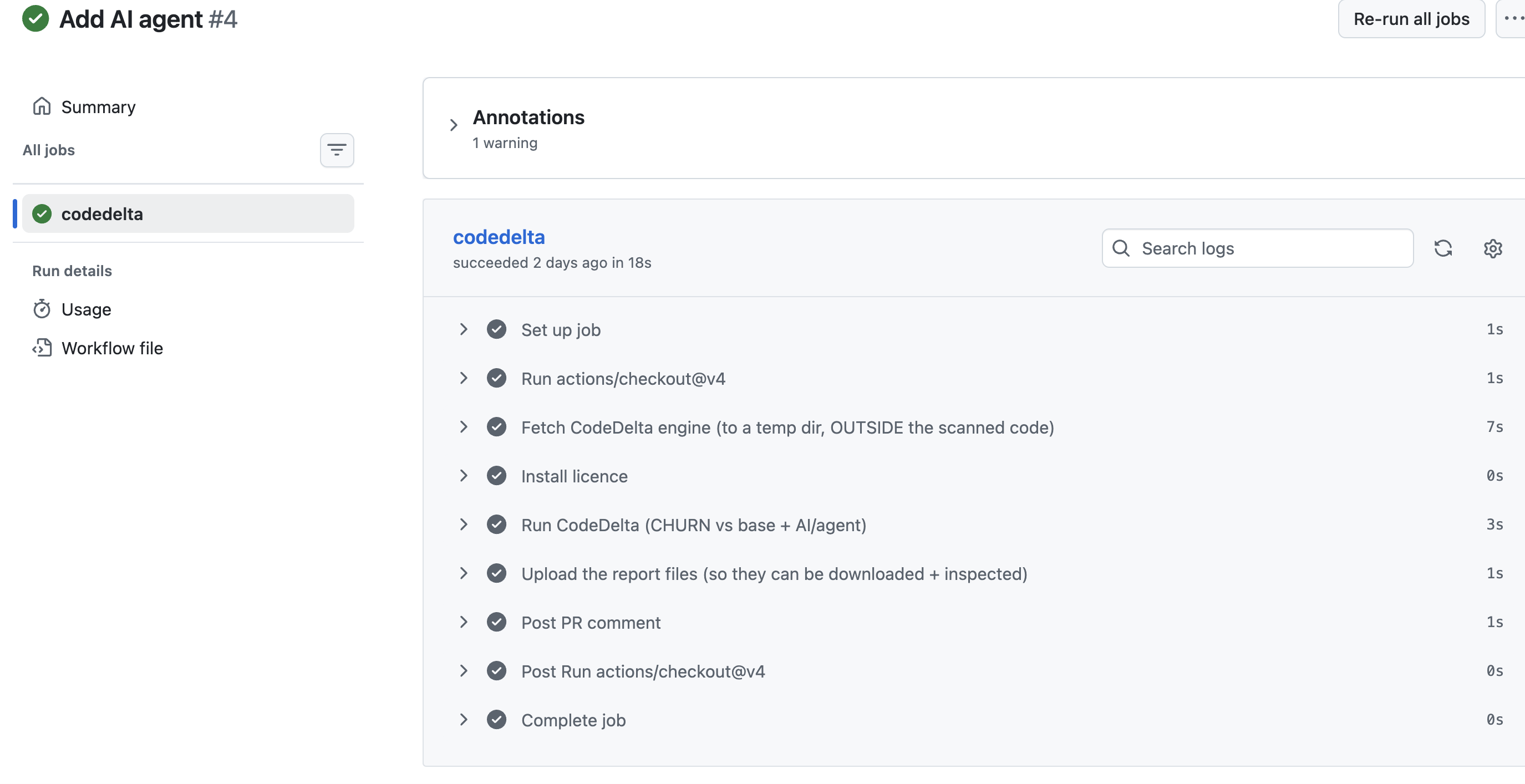 A CodeDelta GitHub Action run in the Actions tab