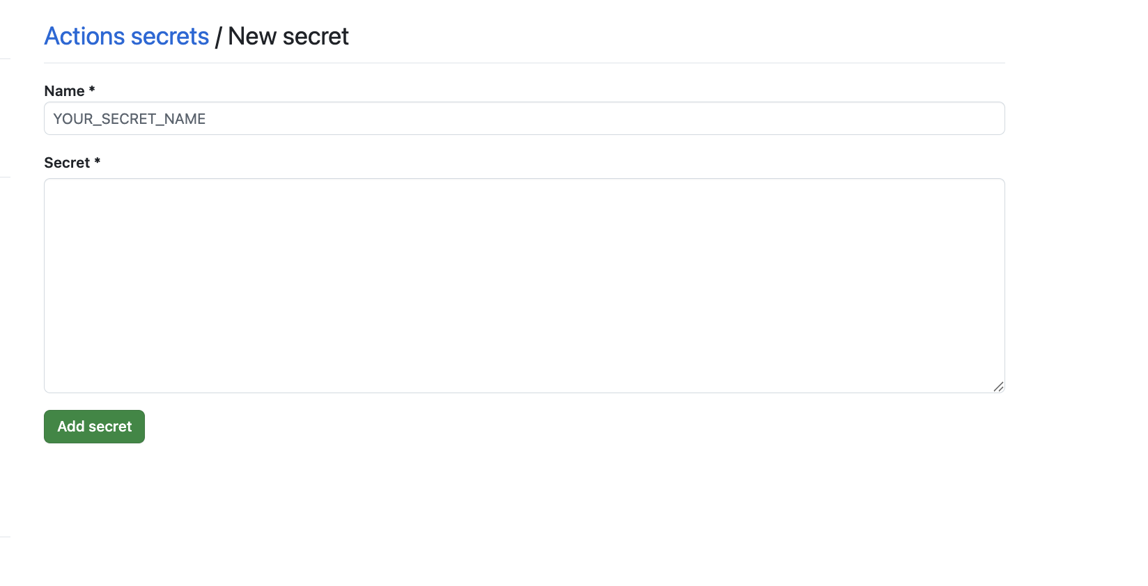 GitHub New secret form — set Name to CODEDELTA_LICENSE, paste the base64 license, then Add secret