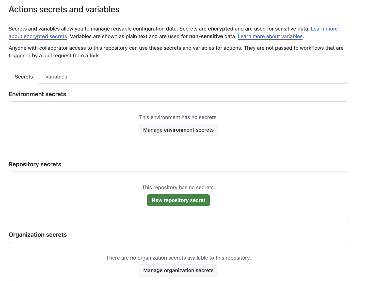 GitHub Actions secrets and variables page — click 'New repository secret'