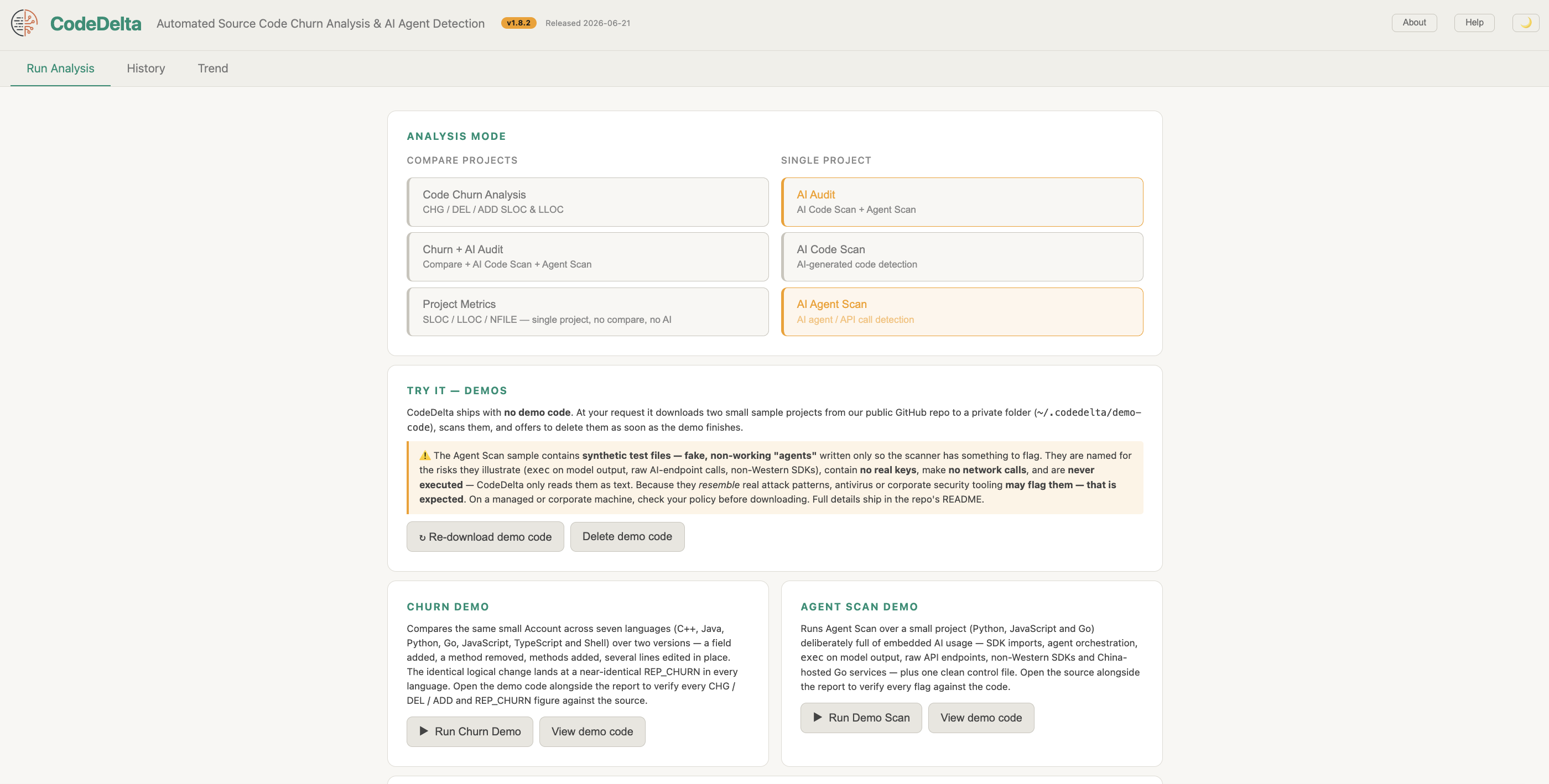 The CodeDelta desktop app — analysis modes, demos, and the results panel