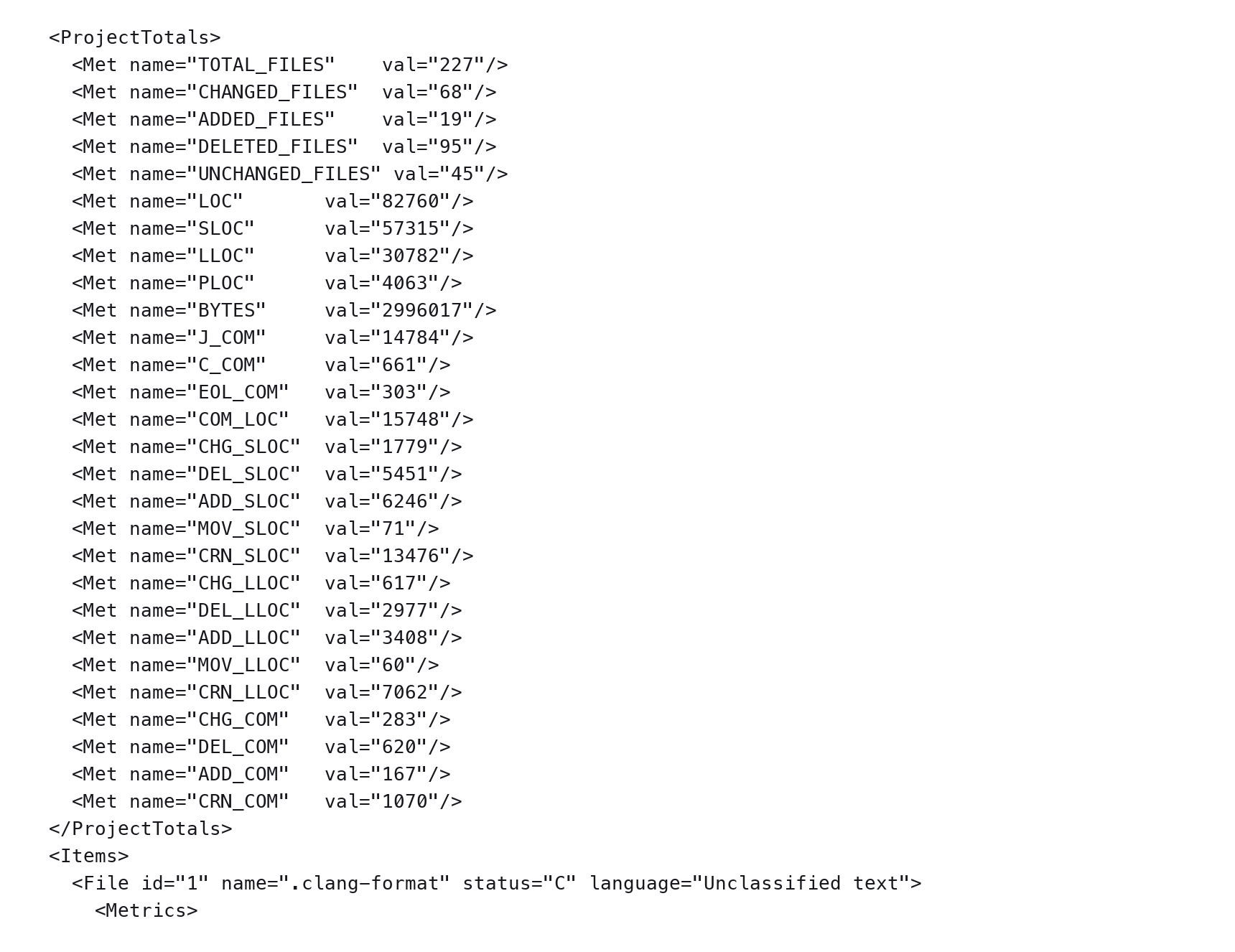 CodeDelta XML output — project totals then per-file items, EPM-compatible format